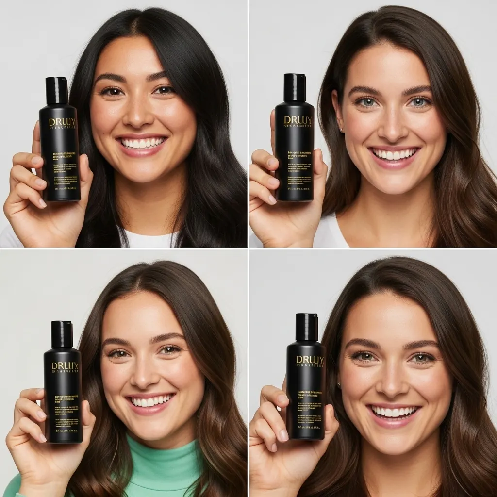 Four generated ads for a hair care product: four smiling women hold the same dark bottle next to their face, with the same face-to-camera framing.