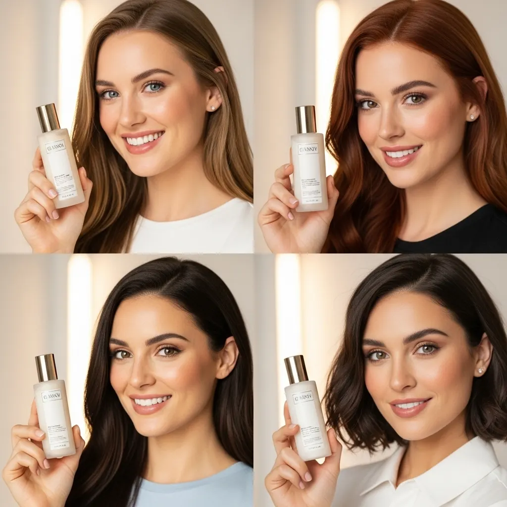 Four generated ads for a beauty product: four smiling women hold the same white bottle next to their face, with the same framing and lighting.
