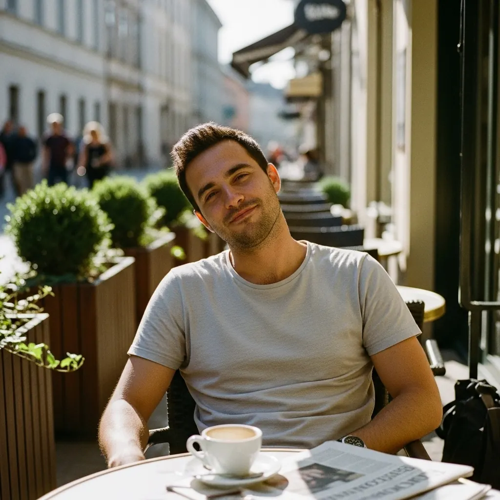 After: AI-generated man at a café terrace with a coffee and a newspaper, in a casual photo with natural light and a relaxed expression.