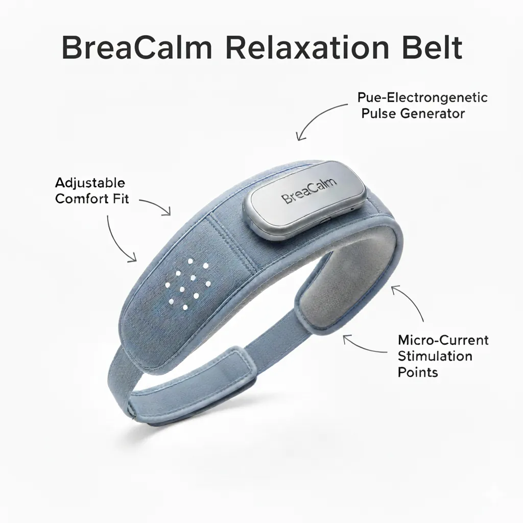 Product shot of the BreaCalm relaxation belt, a padded band with a control unit, with labels pointing to its adjustable fit, stimulation points and pulse generator.