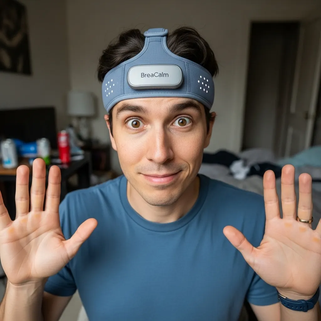 Generated ad image in which a man wears the same belt around his head, like a headband.