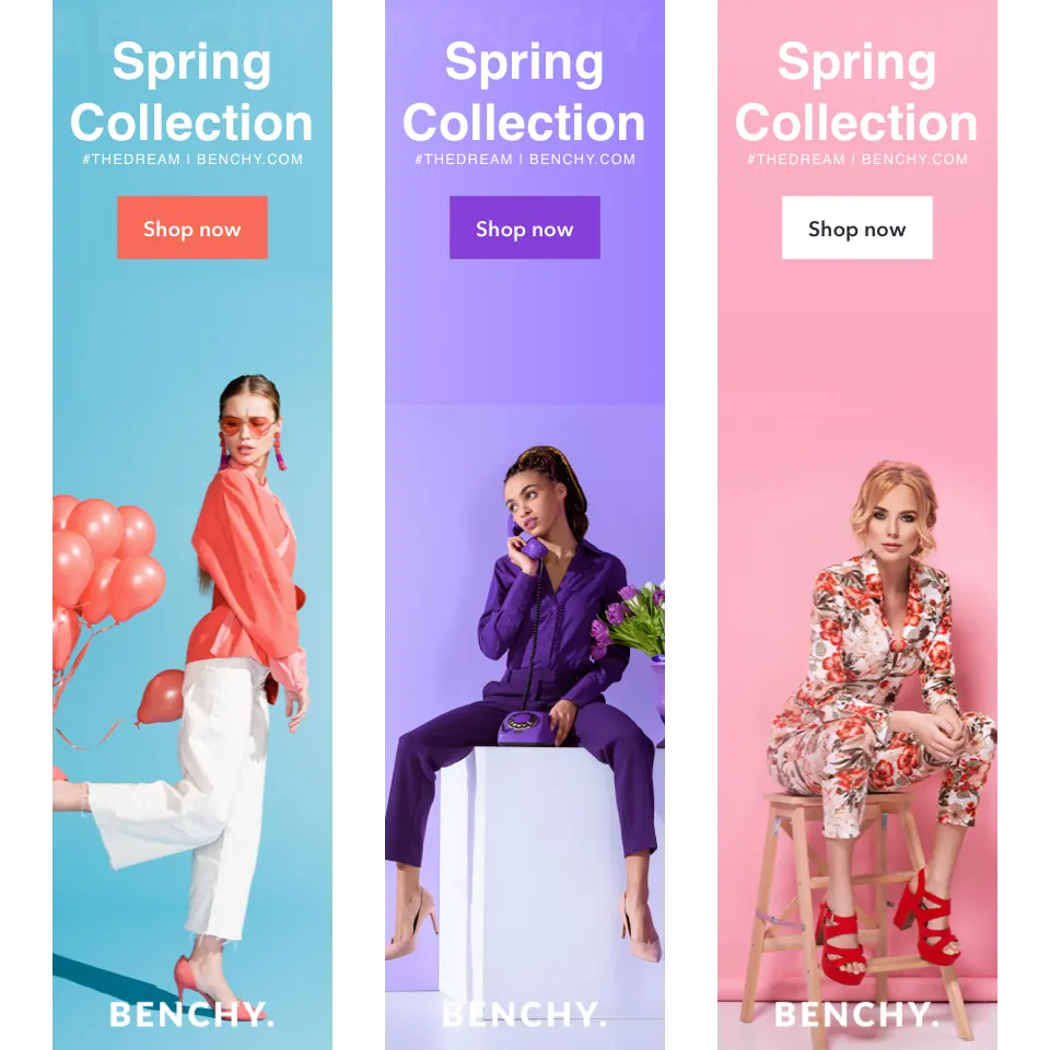 Three vertical banners for the same spring collection, each with a different model, color palette and setting, all with the headline “Spring Collection” and a “Shop now” button.