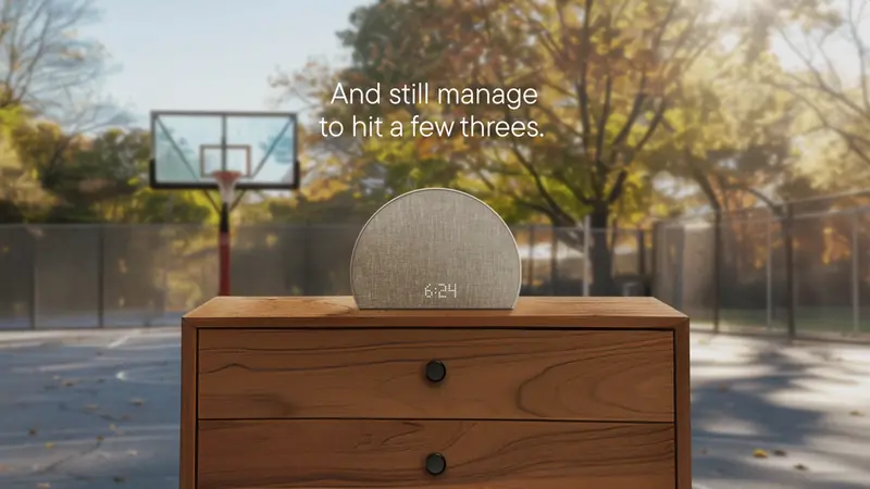 The same alarm clock on a nightstand next to an outdoor basketball court, with the headline “And still manage to hit a few threes.”