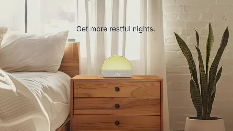 A sunrise alarm clock on a wooden nightstand in a bright bedroom, with the headline “Get more restful nights.”