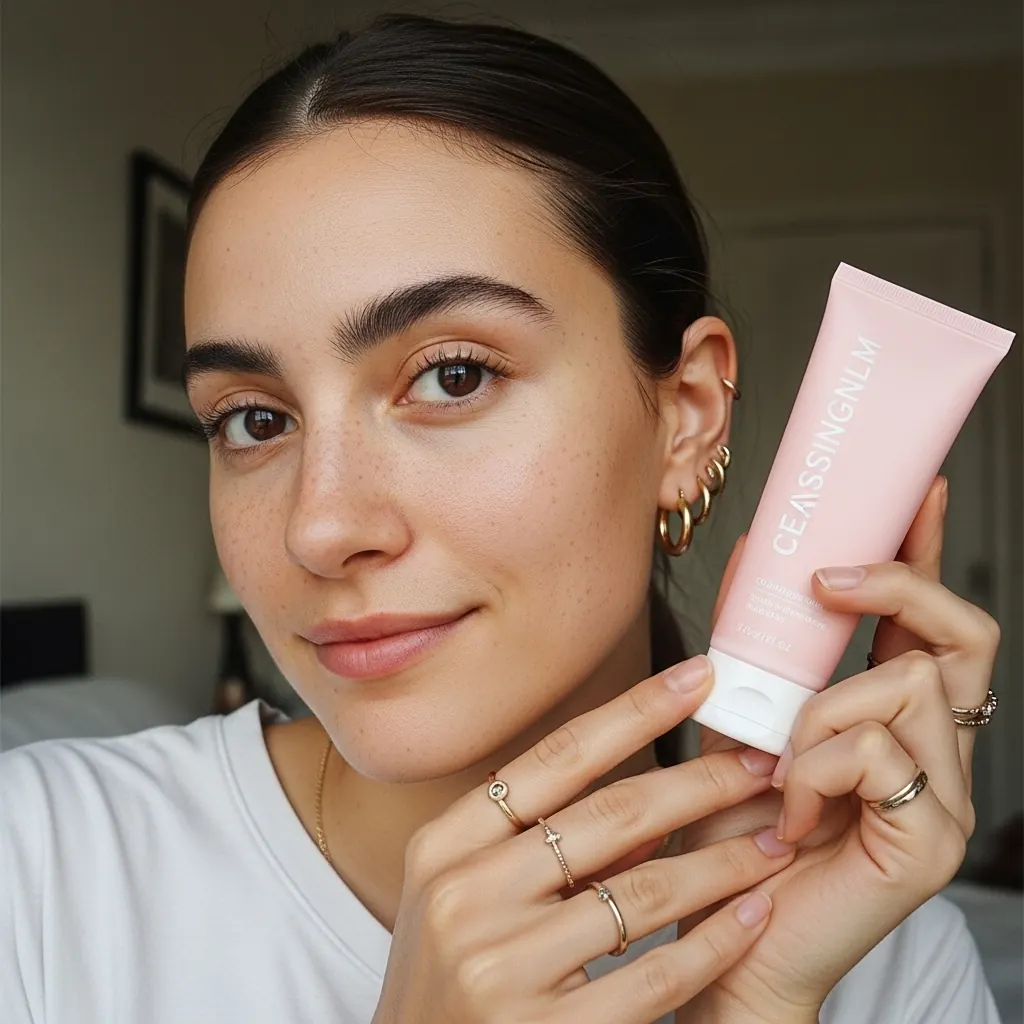 After: AI-generated woman holding a cleanser tube, with natural skin texture, visible pores and freckles.
