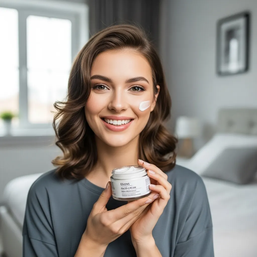 Before: AI-generated woman holding a face cream jar, with overly smooth, airbrushed skin and no visible texture.