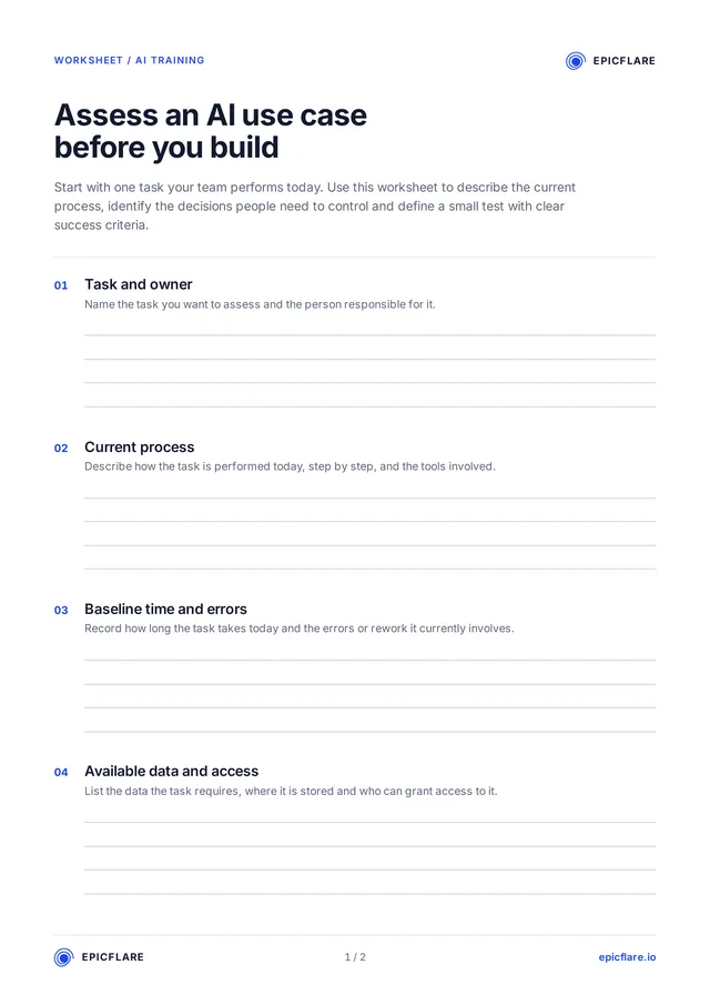 First page of the worksheet "Assess an AI use case before you build", with numbered fields and lines for writing