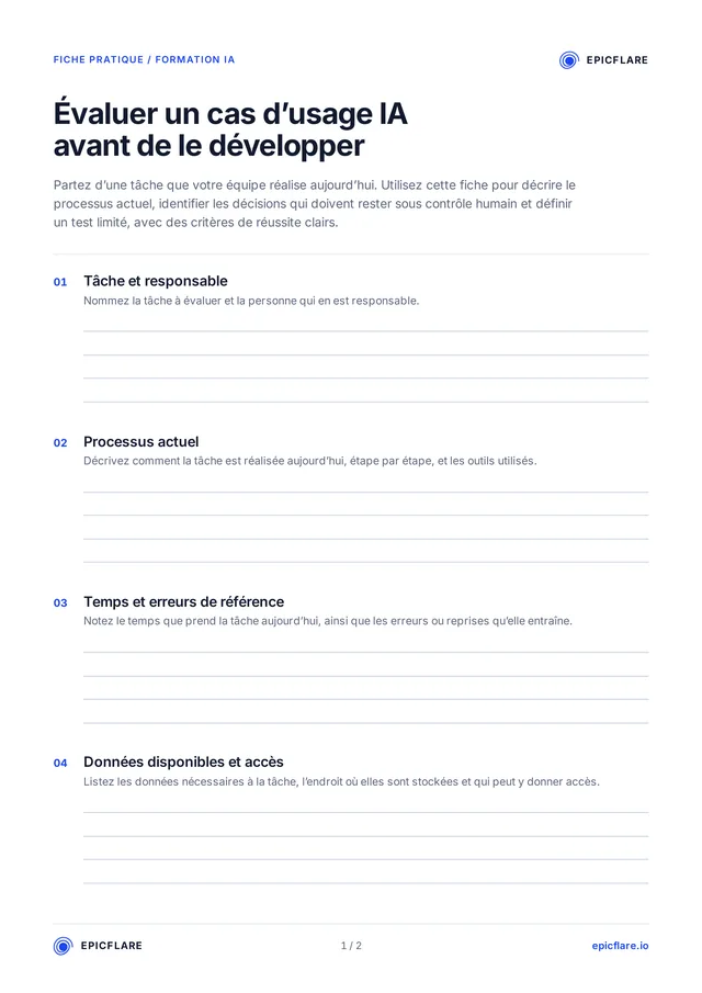 Première page de la fiche pratique « Évaluer un cas d’usage IA avant de le développer », avec des champs numérotés et des lignes pour écrire